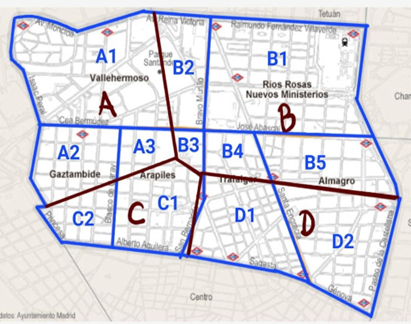 Mapa de Chamberí dividido en: Delimitación político territorial de sus barrios, clusters y subgrupos para dividir la porción del barrio correspondiente a un cluster determinado 