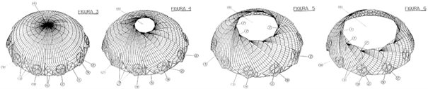 Imágenes de la patente registrada por Emilio Pérez Piñero (cúpula reticular practicable de directriz esférica).